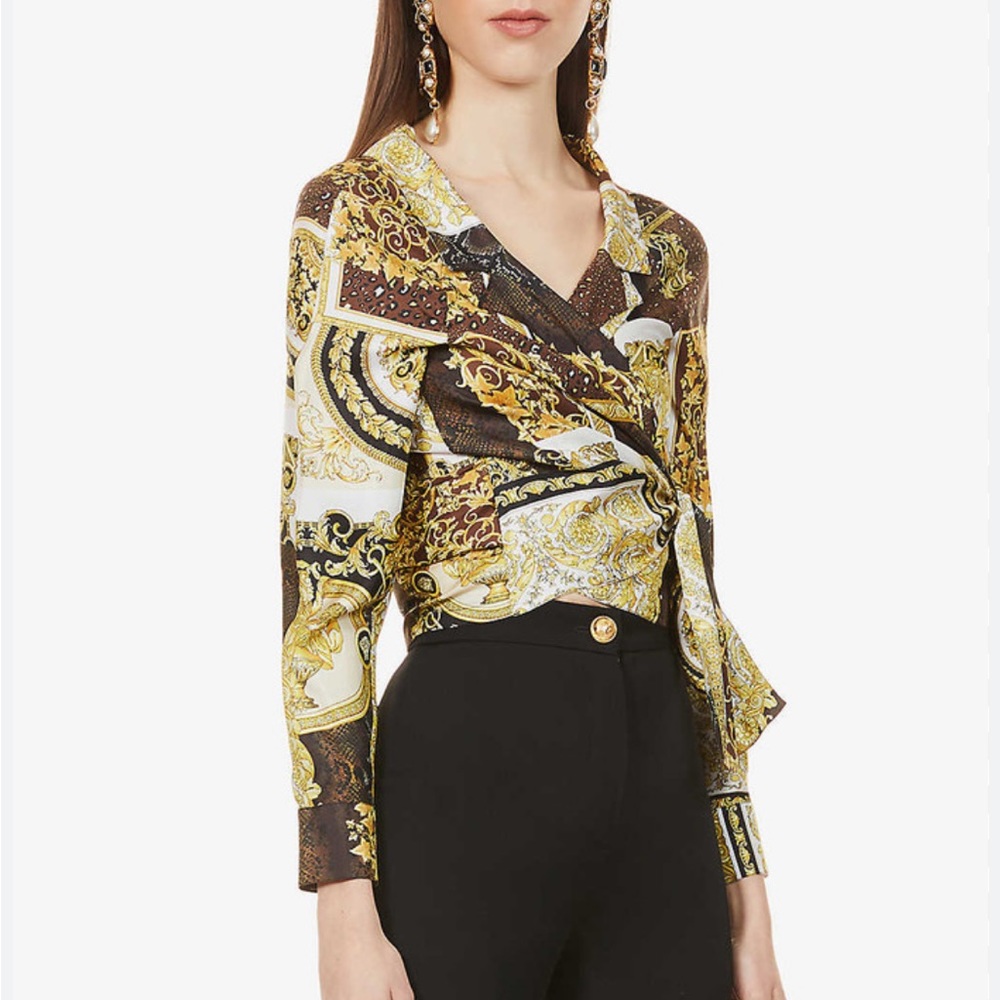 Versace Baroque Silk Off the Shoulder Wrap Top